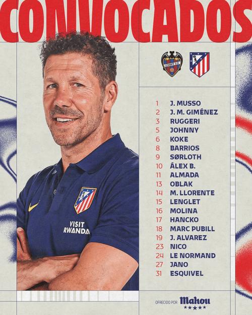 马竞客战莱万特大名单：小蜘蛛领衔，格子、朱利亚诺缺阵