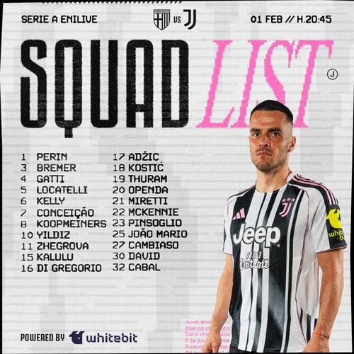 尤文客战帕尔马大名单：伊尔迪兹、戴维、布雷默在列